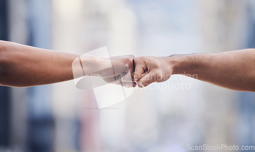 Image of Closeup, people and hands in fist bump of success, winning and power of teamwork, respect or pride. Friends, hand and emoji of collaboration, motivation and celebrate solidarity, trust or cooperation