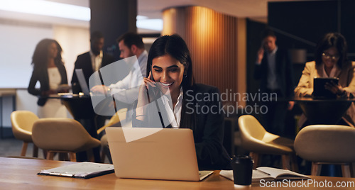 Image of Phone call, laptop and happy woman on corporate lounge conversation, discussion and smile for online loan info. Support chat, female financial advisor or consultant talking to sales contact on mobile