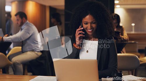 Image of Corporate phone call, laptop or happy woman, agent or worker with online review, feedback and chat to contact. Coworking lounge, reading and night person, expert or financial advisor in consultation