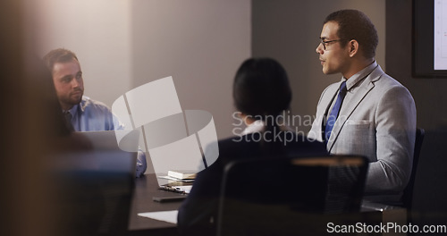Image of Boardroom meeting, business people discussion and man, corporate leader or law firm CEO talking to attorney group. Teamwork collaboration, conversation and lawyer team cooperation on legal project