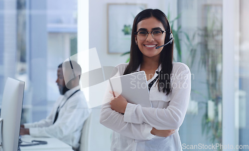 Image of Call center, business woman and crm portrait with tablet for web support help in an office. Happy, company and telemarketing employee with smile of Indian female person ready for phone consulting