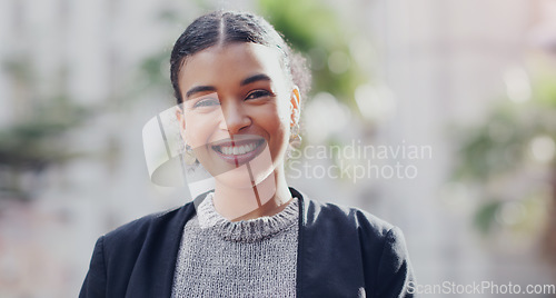 Image of Smile, portrait and business woman in city for corporate career, professional and happy. Confident, pride and natural with face of female employee in urban outdoors for entrepreneur and modern