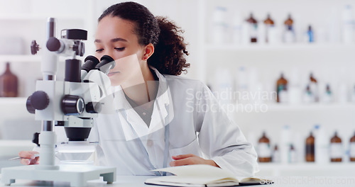 Image of Research, microscope and woman scientist writing for science, medicine and data analysis in a lab. Laboratory, healthcare and female health expert with book for medical, results and sample checklist
