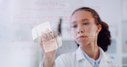 Image of Thinking, scientist hand and woman writing on clear board for science formula research. Laboratory worker, female person and focus with planning and futuristic vision for medical test with mockup