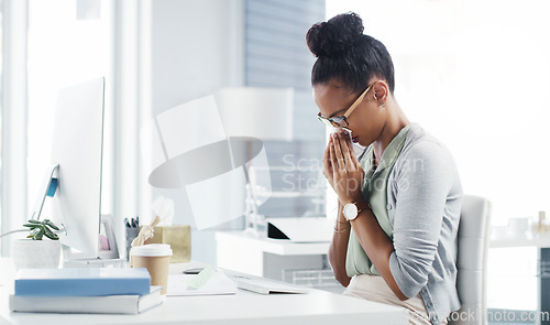 Image of Sneeze, allergy and blowing nose with business woman in office for illness, virus and hay fever. Sick, allergies and tissue with female employee at desk for cold, disease and influenza infection