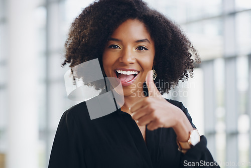 Image of Black woman in business, face and thumbs up with smile, support and agreement, thank you and success at job. Emoji, hand gesture and excited female professional in portrait with positive feedback