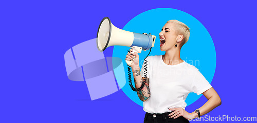 Image of Megaphone, announcement and woman voice isolated on blue background, banner and speaking, news or broadcast. Speech, opinion and gen z person in studio, mockup and call to action, protest or change