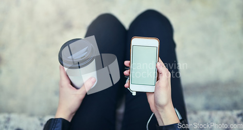 Image of Top view mockup, hands and phone screen with coffee in city, internet scroll and social media outdoor. Cellphone, space and hand of woman with marketing, advertising or commercial promotion in street