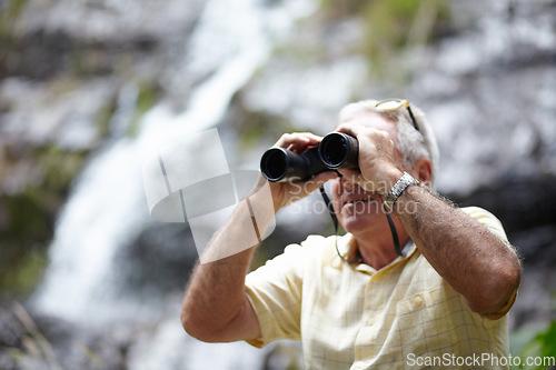 Image of Binoculars, man and forest or mountain explore for travel, journey or outdoor adventure and carbon footprint tourism. Senior person search or birdwatching experience in nature or eco environment