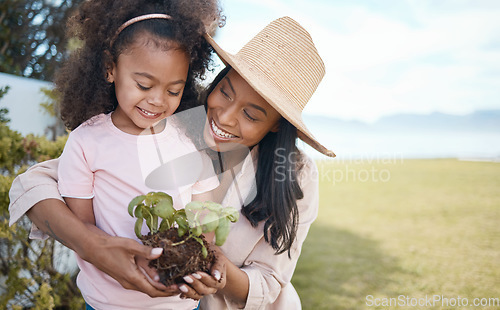 Image of Gardening, mother and child with plant in hands learning environmental, organic and nature skills together. Landscaping, family and happy girl with mom ready for planting sprout in soil for growth