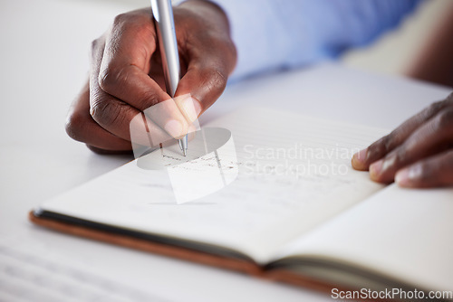 Image of Closeup, business and man writing, hands and schedule with project, feedback and deadline. Zoom, male person and writer with a notebook, brainstorming and ideas for development, journal and planning