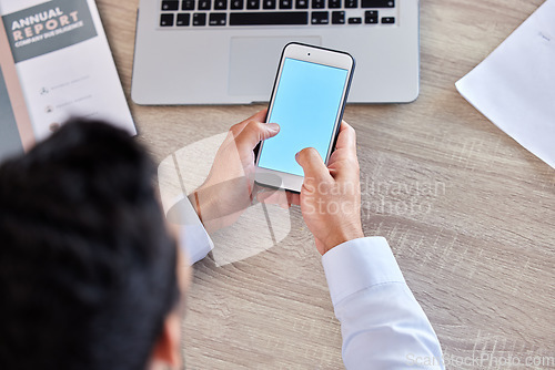Image of Businessman, hands and phone screen above for social media, communication or networking at the office. Top view hand of man employee typing or texting on mobile smartphone mockup display at workplace