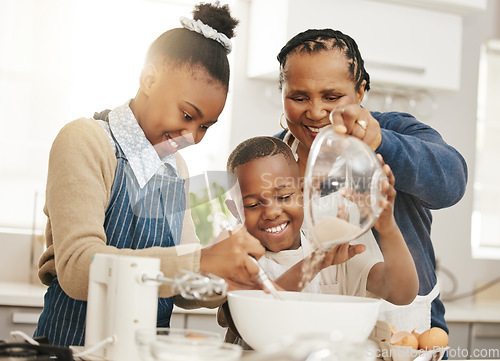 Image of Happy family, grandma teaching kids baking and learning baker skill in kitchen with help and support. Old woman, girl and boy with flour, development for growth and bake with ingredients at home