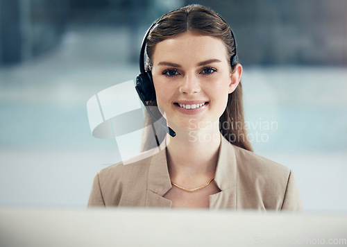 Image of Customer service, portrait of woman call center agent with headset and in her modern workplace office. Networking or online communication, telemarketing or support and crm with a female person