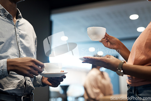 Image of Coffee break, team and closeup with hands at networking event for a discussion with a partnership. Professional, teamwork and tea for conversation with hand at a company with communication.