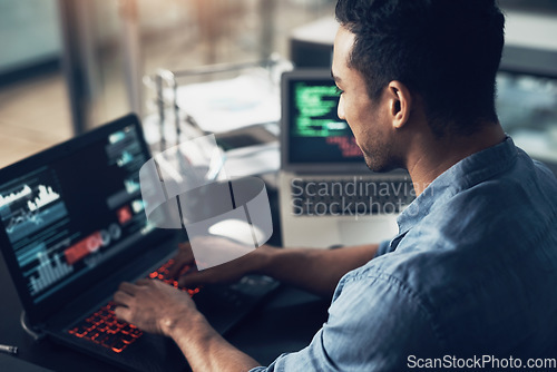 Image of Man, typing and programmer on laptop in office workplace for data, analysis or statistics. IT, computer and male coder, engineer or person programming, coding and software development for information