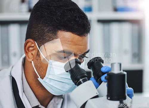 Image of Science, laboratory and man with microscope for research, medical analysis and virus lab test. Healthcare, biotechnology and male scientists with equipment for sample, experiment and chemistry exam