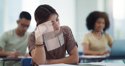 Image of Sleeping, burnout and girl college student in a classroom bored, adhd or daydreaming during lecture. Tired, fatigue and female learner distracted in class, insomnia, boring or exam and quiz stress