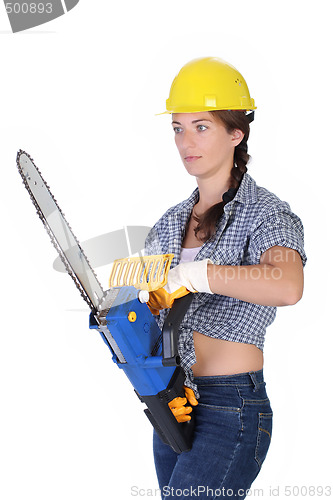 Image of Beauty woman with chainsaw