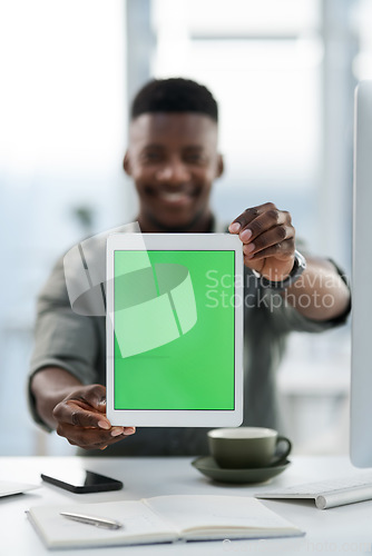 Image of Businessman, hands and tablet with green screen for advertising, marketing or branding at office. Hand of Black man holding technology with chromakey display for advertisement, brand or mockup space