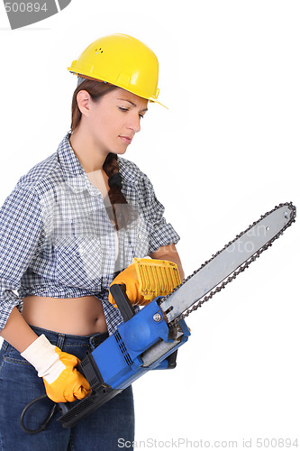 Image of Beauty woman with chainsaw