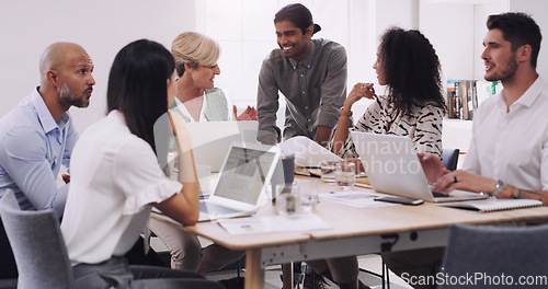 Image of Talking, staff and group in a meeting, planning and discussion with teamwork, partnership or collaboration. Business people, team or men with women, laptop or documents with conversation and creative