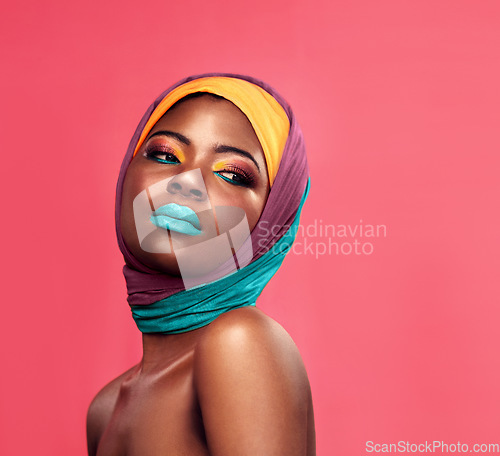 Image of Makeup, fashion and scarf with black woman in studio for creative, art and culture. Beauty, cosmetics and natural with face of model isolated on pink background for african and color mockup