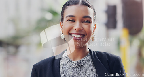 Image of Happy, city and portrait of business woman smile for morning commute, professional career and pride. Confident, face and young female employee in urban town outdoors for happiness of job motivation