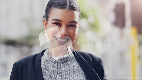 Image of Happy, portrait and business woman in city for happiness, professional and smile. Confident, career and natural with face of corporate female employee in urban outdoors for entrepreneurship and pride