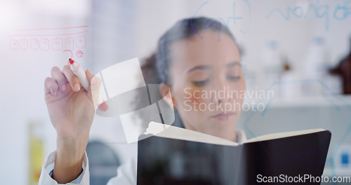 Image of Science, writing formula and woman in laboratory for research, analytics and study results for solution. Healthcare, glass wall and female scientist with book for chemistry, medicine and analysis