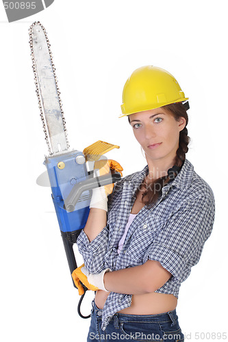 Image of Beauty woman with chainsaw