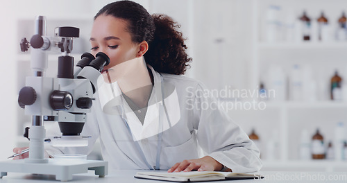 Image of Science, notebook and microscope with woman in laboratory for expert research, medical and planning. Idea, vaccine analysis and medicine with female scientist for chemistry, healthcare and pharma