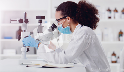 Image of Microscope, sample analysis and woman scientist in a lab for science, covid and research. Laboratory, innovation and female health expert checking corona, medicine or results while working on a cure