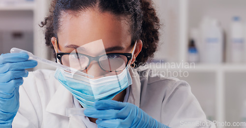 Image of Woman scientist, petri dish test and face mask with focus on futuristic research and virus data. Science, African female person and young employee working in a laboratory with chemistry analysis