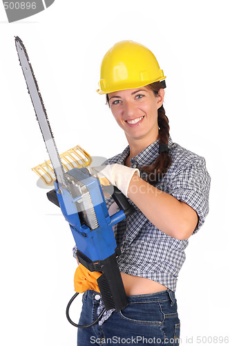 Image of Beauty woman with chainsaw