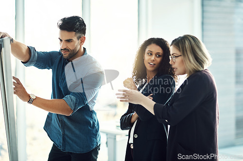 Image of Brainstorming board, collaboration meeting and business people cooperation, research conversation or work on plan. Teamwork, group planning or designer team discussion on strategy, ideas or moodboard