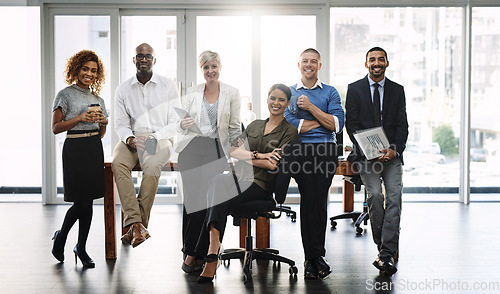 Image of Diversity, smile and portrait of business people in office for support, community and happy. Teamwork, collaboration and solidarity with group of employees for mission, commitment and mindset