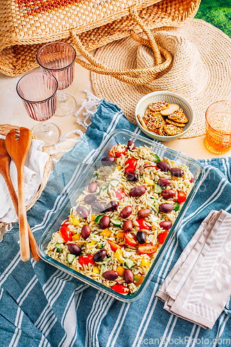 Image of Picnic time - homemade orzo pasta salad with feta, olives, tomatoes