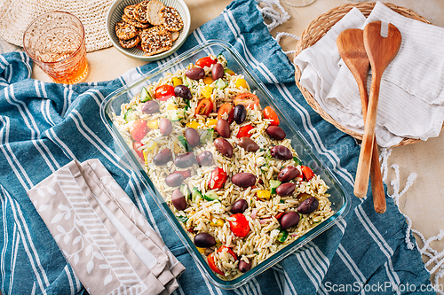 Image of Picnic time - homemade orzo pasta salad with feta, olives, tomatoes