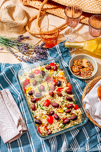 Image of Picnic time - homemade orzo pasta salad with feta, olives, tomatoes