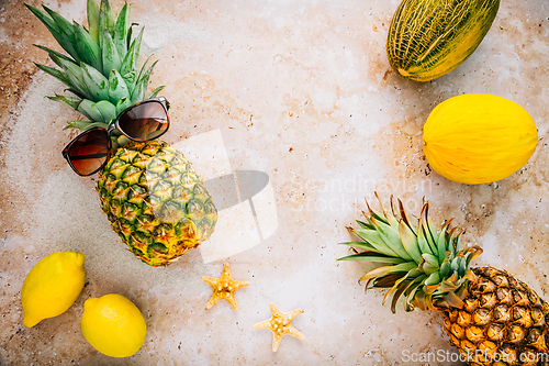 Image of Summer concept - Pineapple hipster in sunglasses with summer fruits, creative art fashionable vacation concept