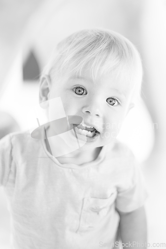 Image of Black and white portrait of cute little infant baby boy child playing on outdoor playground. Toddler plays on school or kindergarten yard.