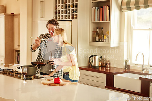 Image of Taste, love or couple kitchen cooking with healthy food for lunch or dinner together at home in Sydney. Tasting, smile or woman eating or smiling with mature husband in meal prep in Australia