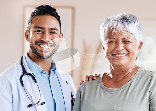 Image of Portrait, happy doctor and senior woman for healthcare, retirement wellness and hospital service. Smile, face and Biracial elderly patient with medical professional, worker or asian person for health