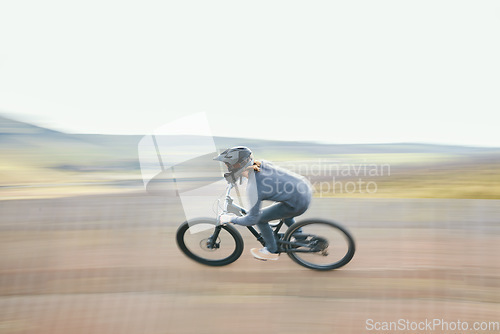 Image of Adrenaline, blur and athlete riding a motorcycle in nature training for a race, marathon or competition. Sports, motion and male biker practicing for an outdoor fitness cardio exercise or workout.