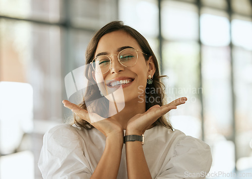 Image of Happy, face and excited with hands on woman for cheerful, playful and startup. Happiness, designer and pride with female employee presenting smile for creative, entrepreneur and business