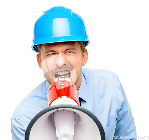 Image of Construction worker, portrait and a man shouting into a megaphone in studio isolated on a white background. Engineer, builder and a male designer screaming during a building project for architecture