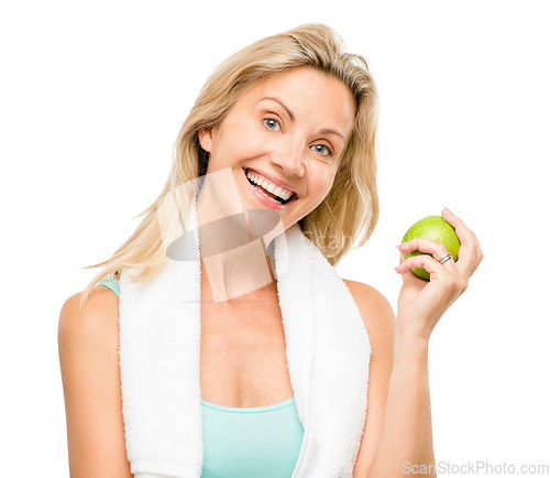 Image of Portrait, exercise and apple with a senior woman in studio isolated on a white background for health. Fitness, diet and lifestyle with a happy mature female athlete eating a fruit for nutrition