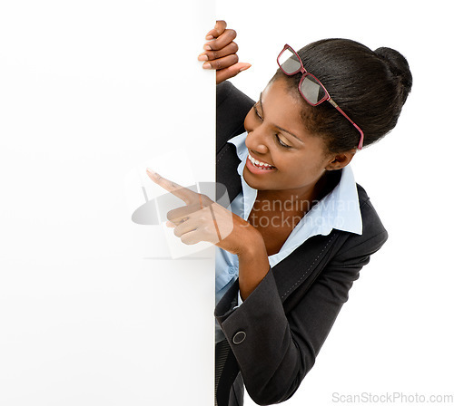 Image of Pointing, mockup poster and a black woman with announcement isolated on a white background in a studio. Happy, presentation and an African business ambassador with a blank sign for information space