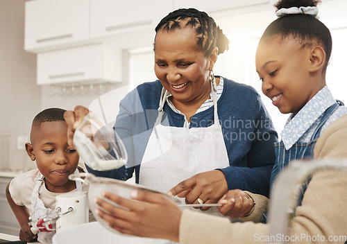 Image of Happy family, grandmother teaching kids baking and learning baker skill in kitchen with help and support. Old woman with girl and boy, development with growth and bake with ingredients at home